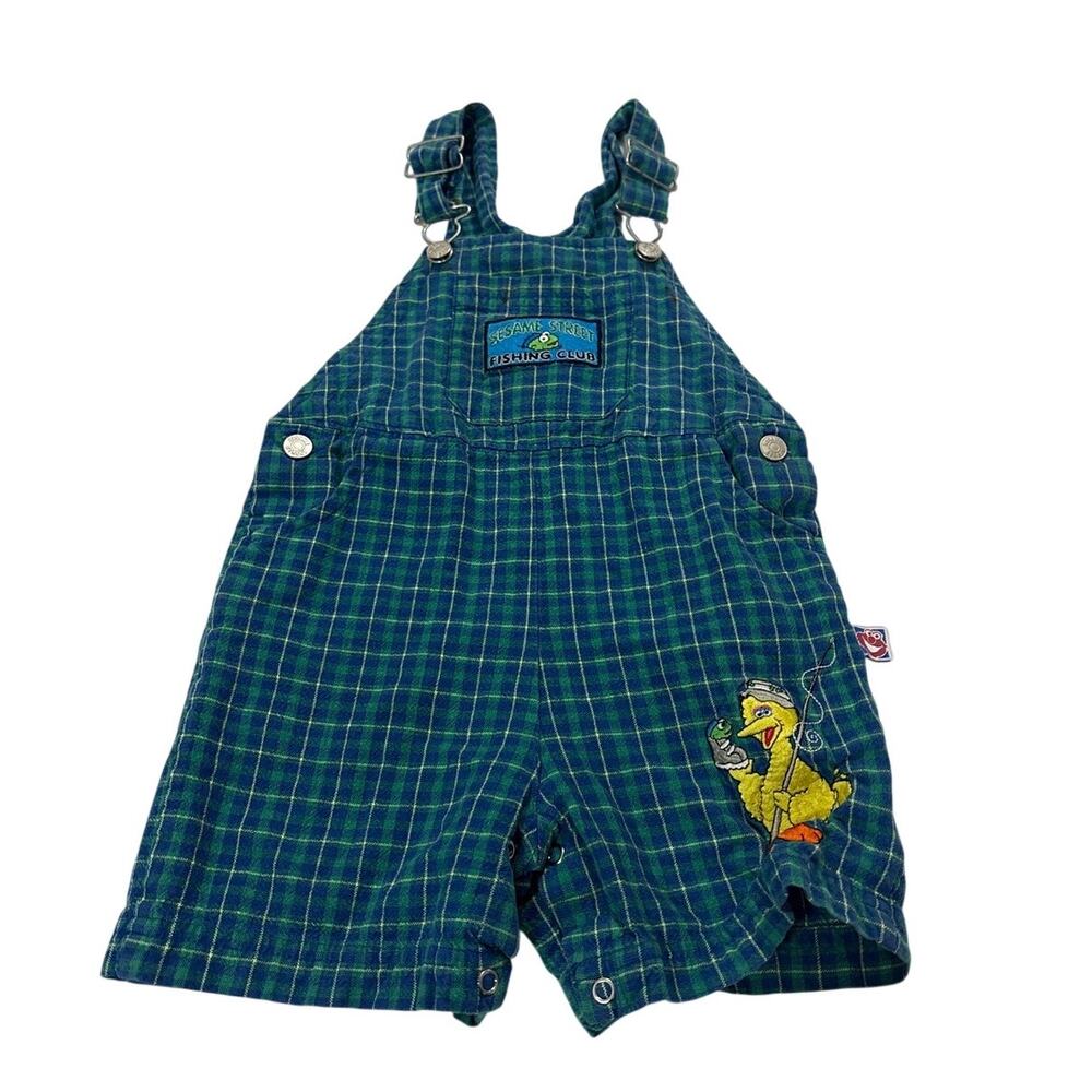 Vintage Sesame Street Toddler 3T Plaid Fishing Embroidered Big Bird Overalls Y2k